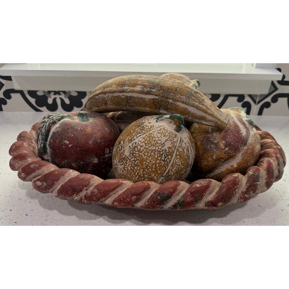 Vintage Large Mexican Handpainted Terracotta 5 Pc Fruit Mix & Bowl/Basket MCM